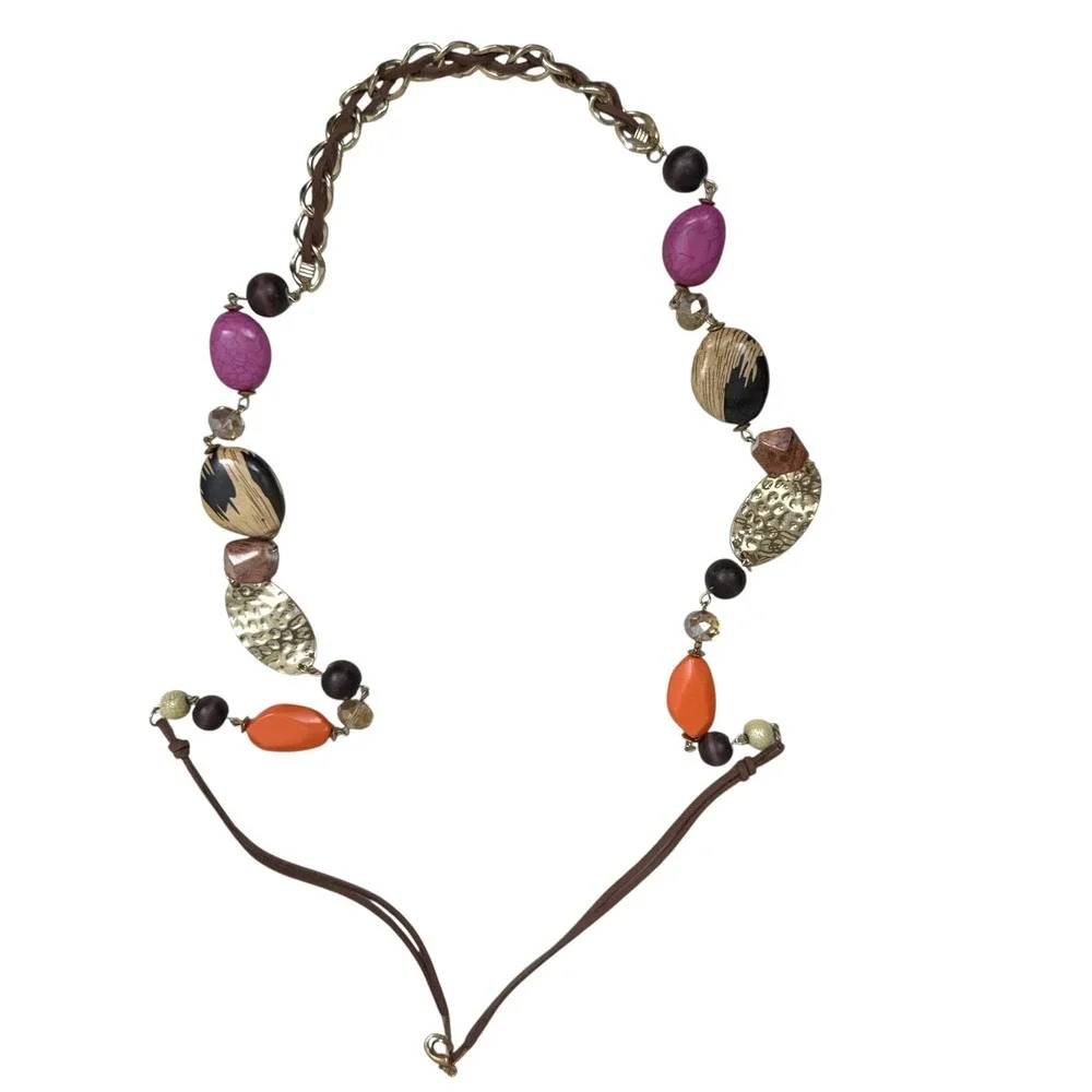 Beaded Statement Necklace Long Faux Suede Colorful Bohemian Fashion Jewelry 42in